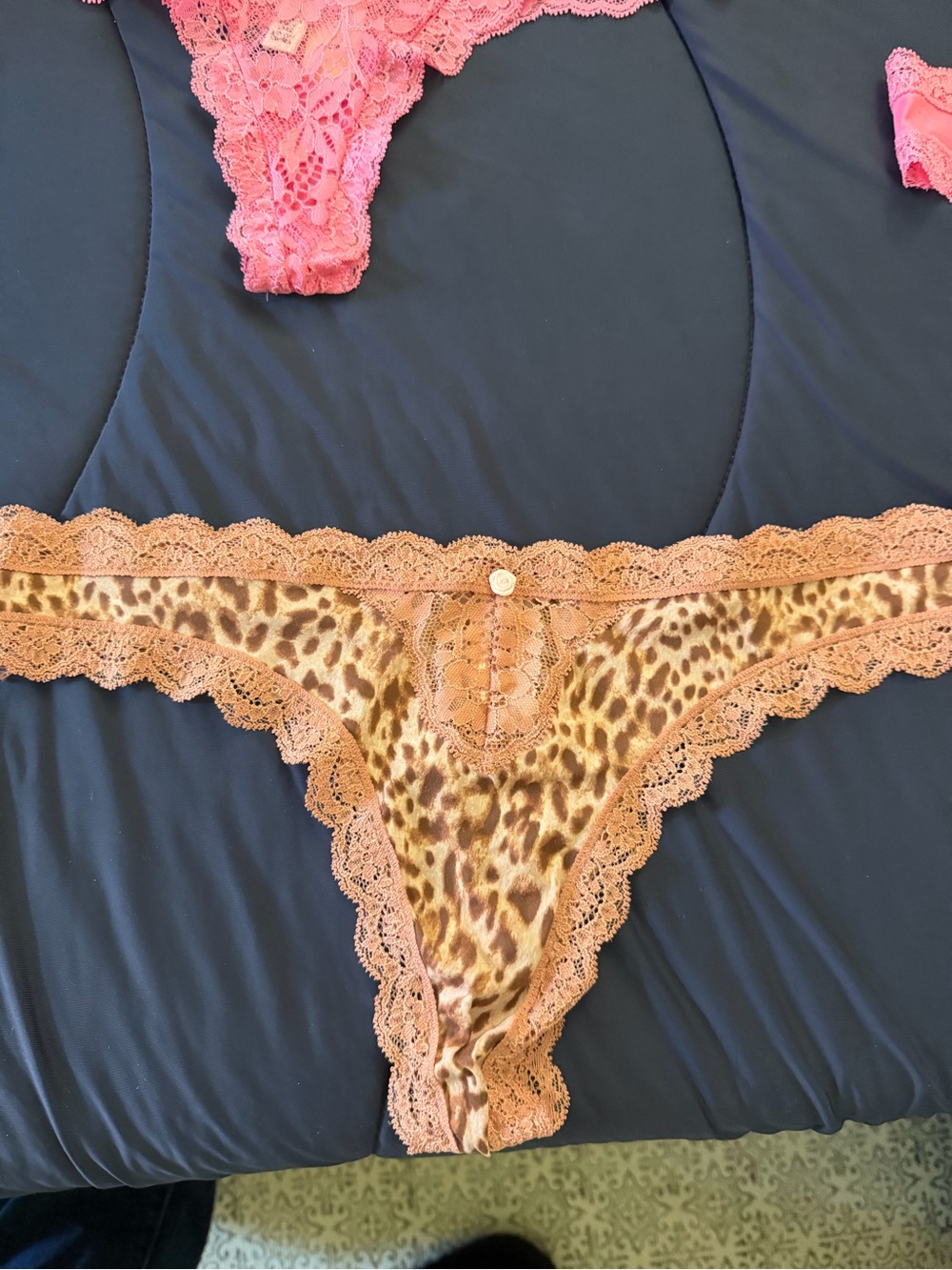 Victoria's Secret Leopard Satin Thong with Tan Lace Trim